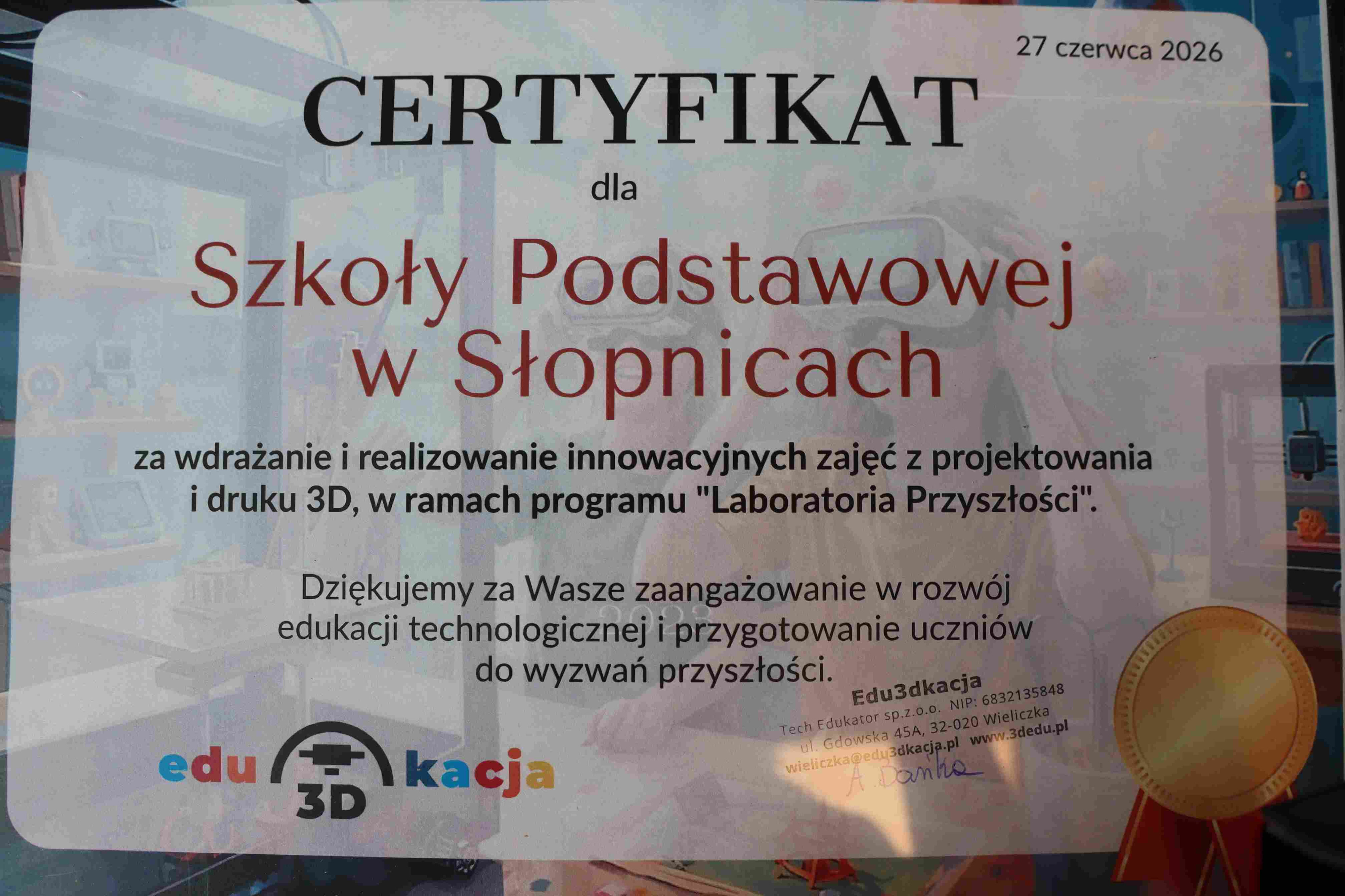 CERTYFIKAT „LABORATORIA PRZYSZŁOŚCI”