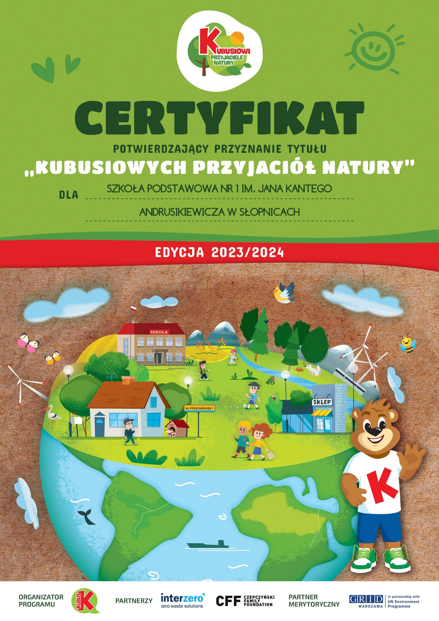 CERTYFIKAT - KUBUSIOWYCH PRZYJACIÓŁ NATURY